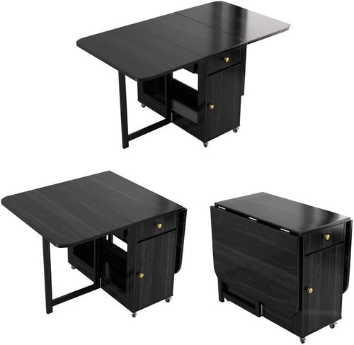 Folding Solid Wood Dining Table Set with 8 Chairs & Wheels