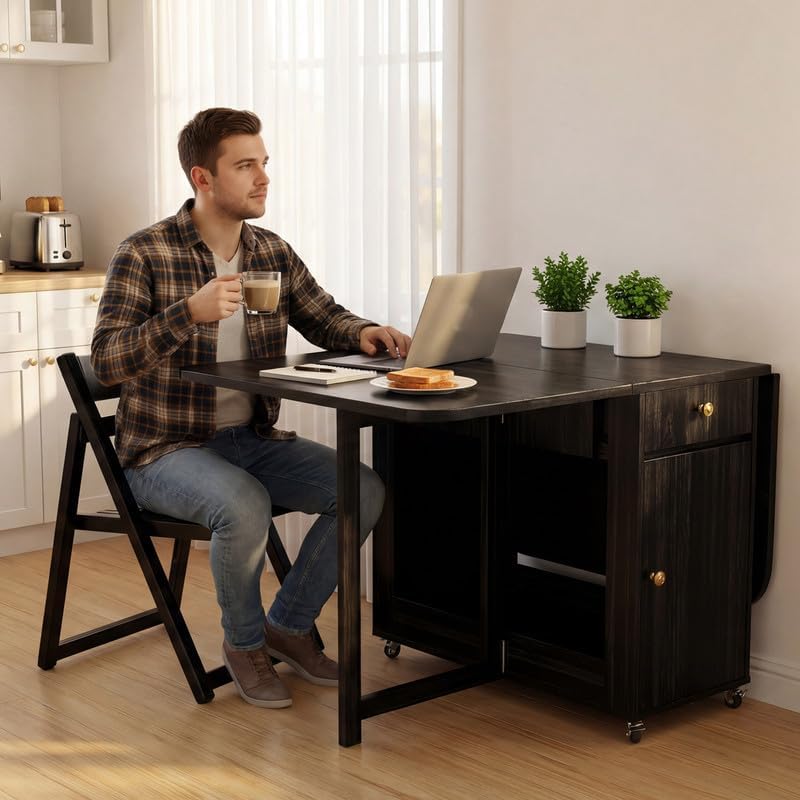 Folding Solid Wood Dining Table Set with 8 Chairs & Wheels