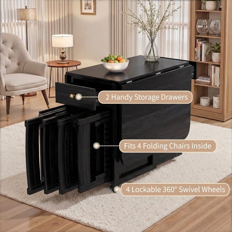 Folding Solid Wood Dining Table Set with 8 Chairs & Wheels