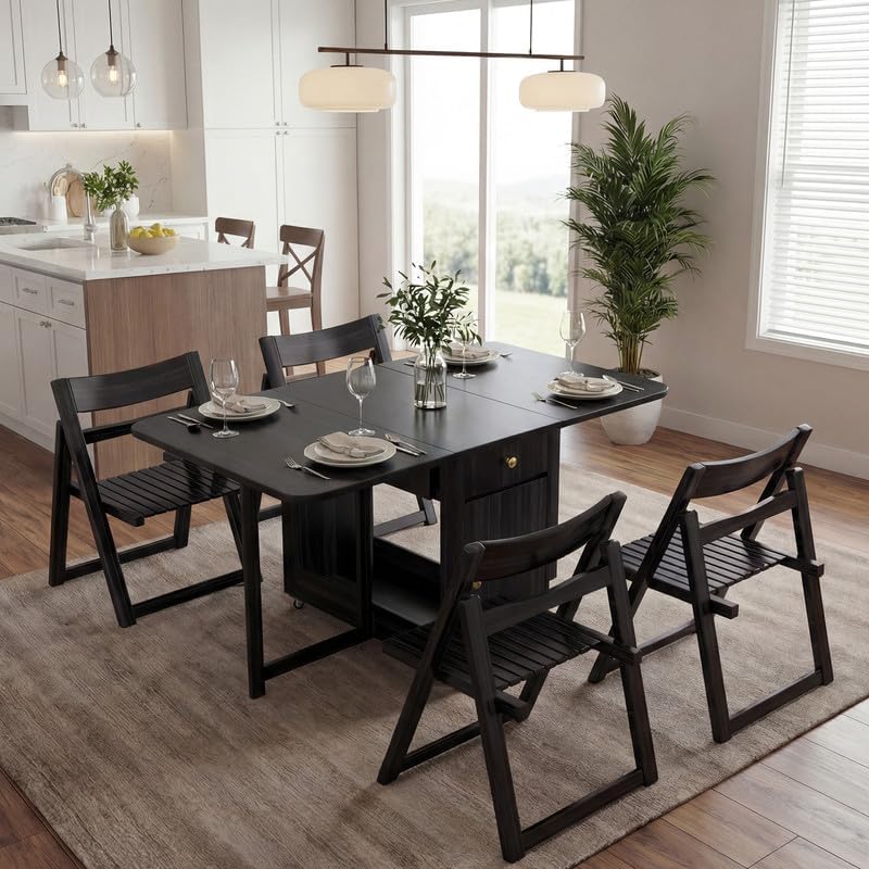 Folding Solid Wood Dining Table Set with 8 Chairs & Wheels
