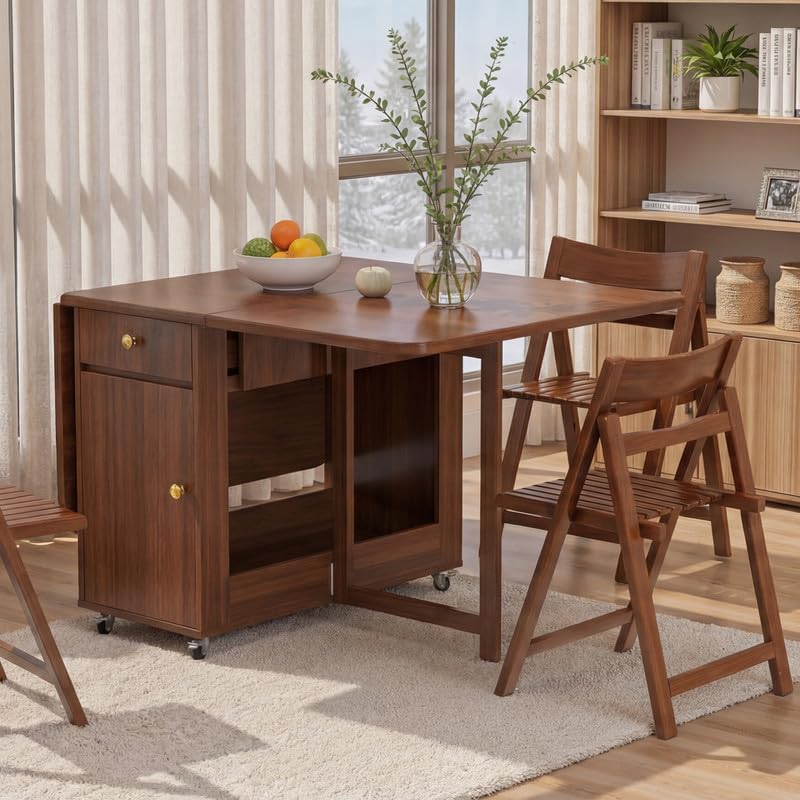 Folding Solid Wood Dining Table Set with 8 Chairs & Wheels