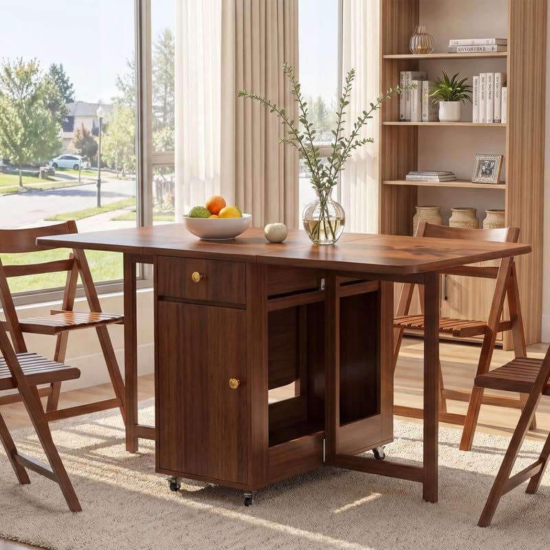 Folding Solid Wood Dining Table Set with 8 Chairs & Wheels