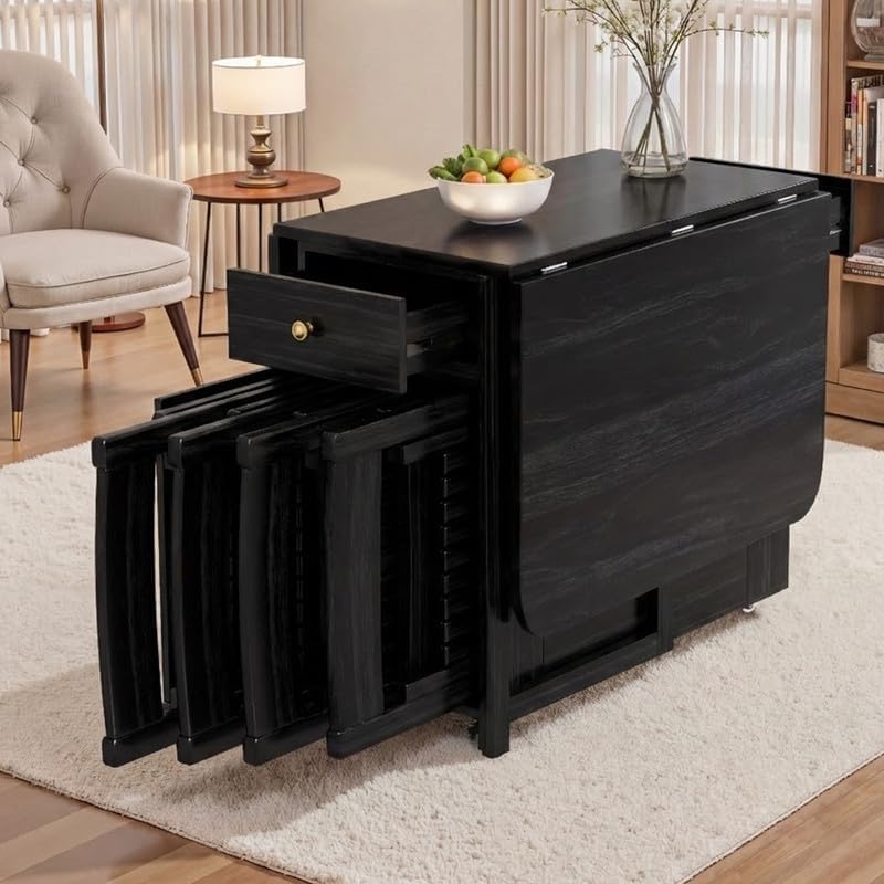 Folding Solid Wood Dining Table Set with 8 Chairs & Wheels