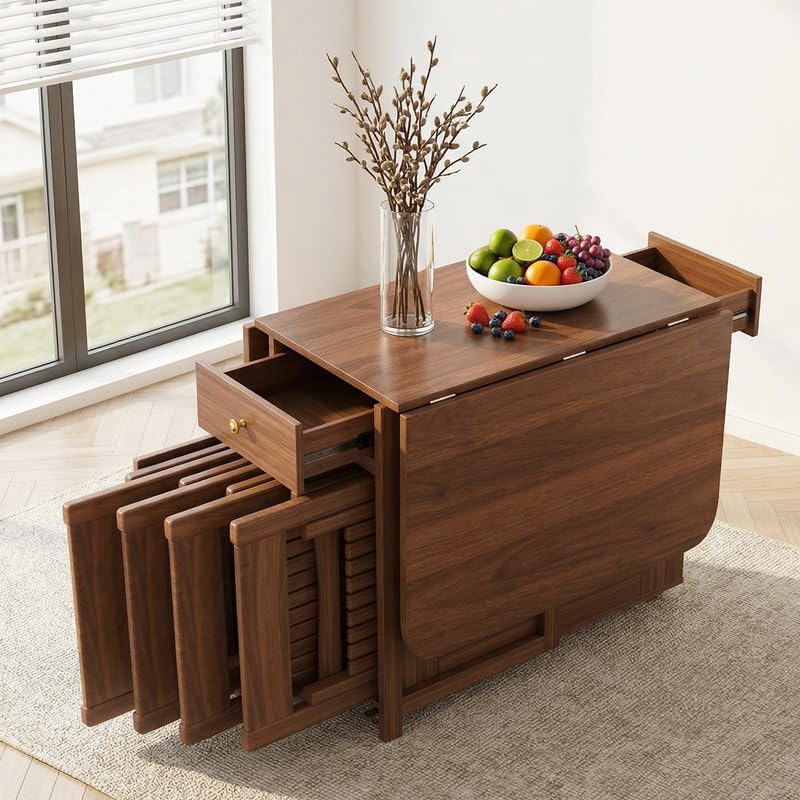 Folding Solid Wood Dining Table Set with 8 Chairs & Wheels