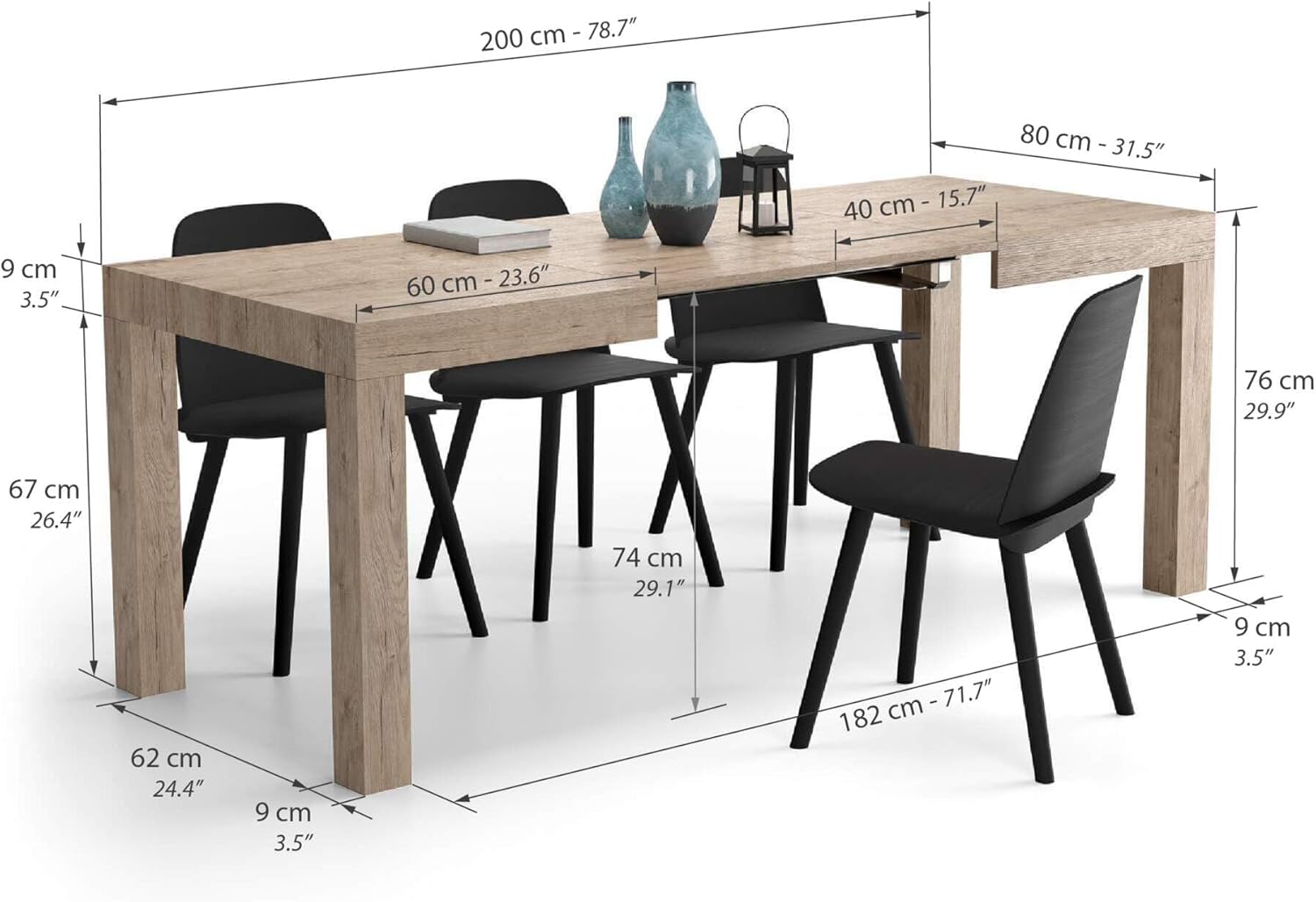 Extendable Oak Dining Table 47.2"-78.7" x31.5", Made in Italy