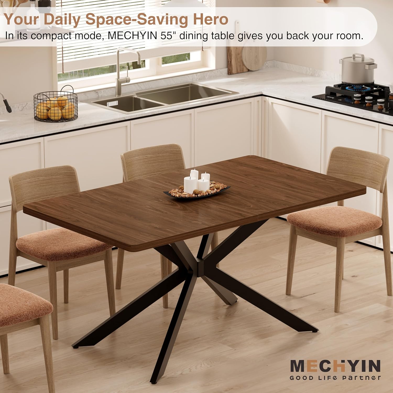 Walnut Extendable Dining Table 55"-70.9", Butterfly Self-Storing Leaf for 4-8