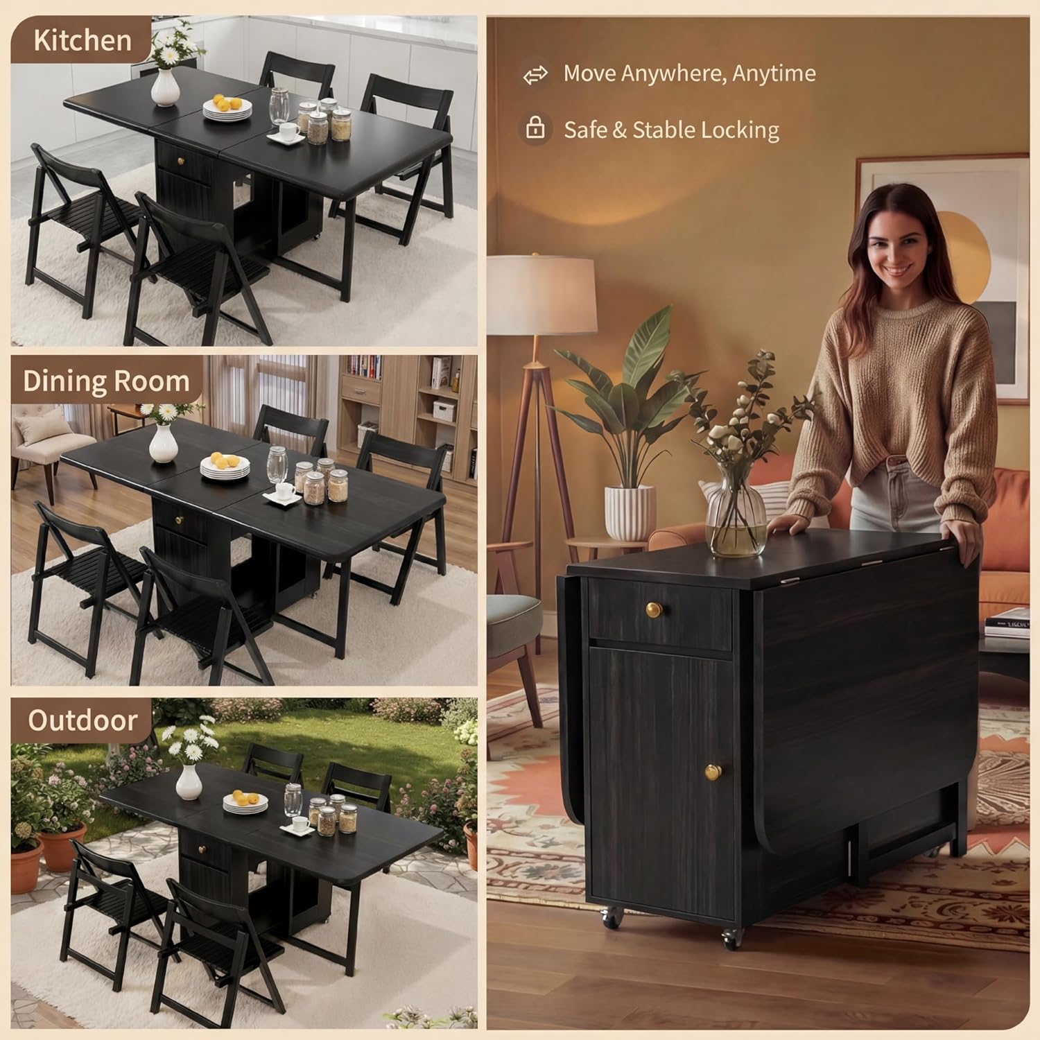 Folding Solid Wood Dining Table Set with 8 Chairs & Wheels