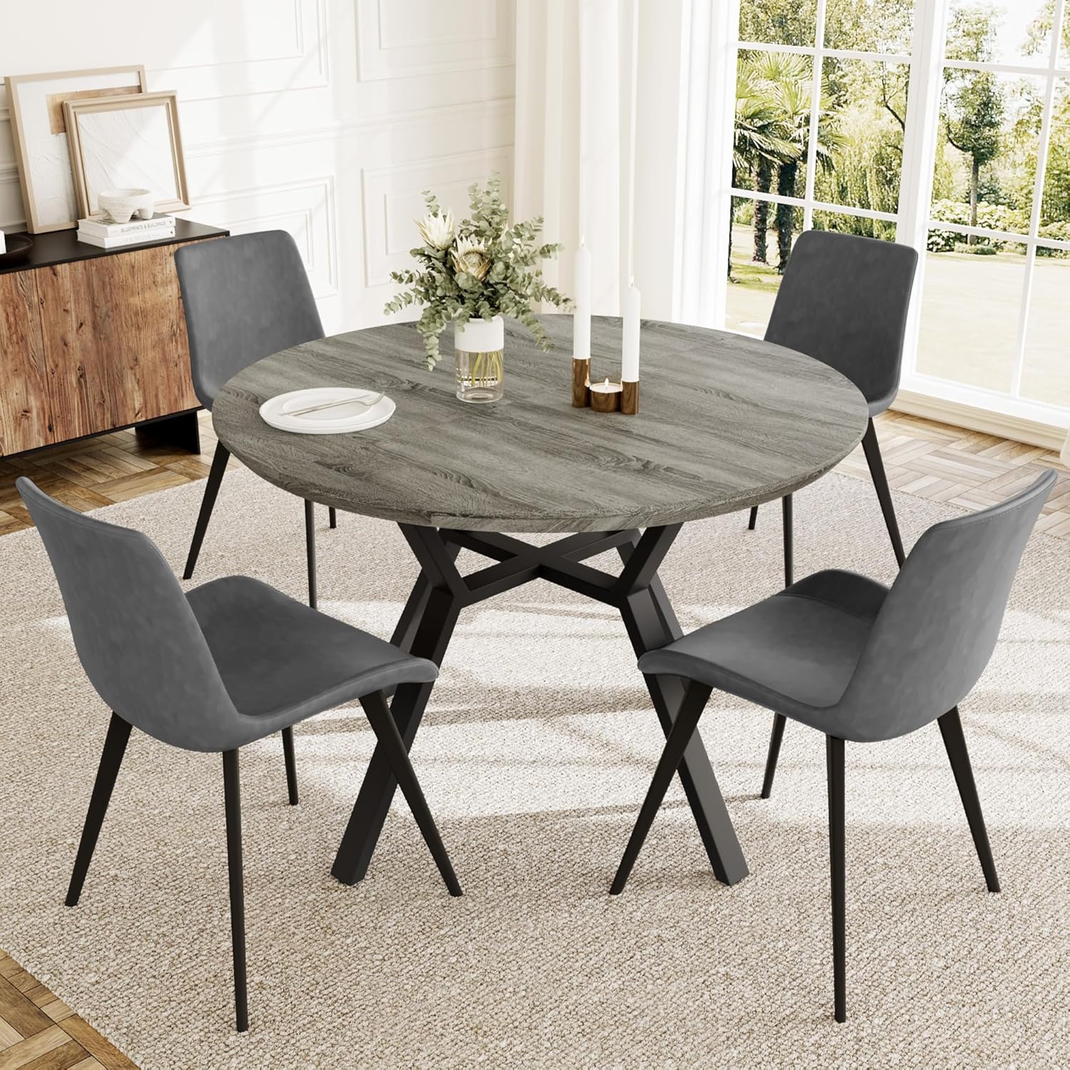 Extendable Round Dining Table Set with 4 Upholstered Chairs