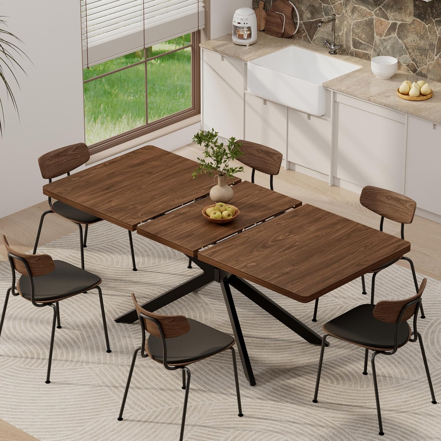 Walnut Extendable Dining Table 55"-70.9", Butterfly Self-Storing Leaf for 4-8