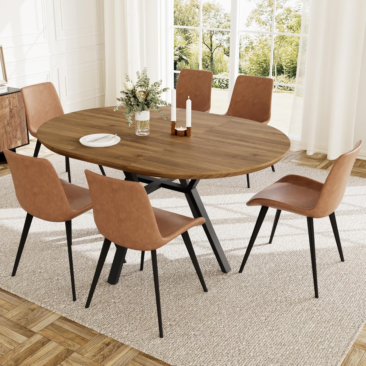 Extendable Round Dining Table Set with 4 Upholstered Chairs