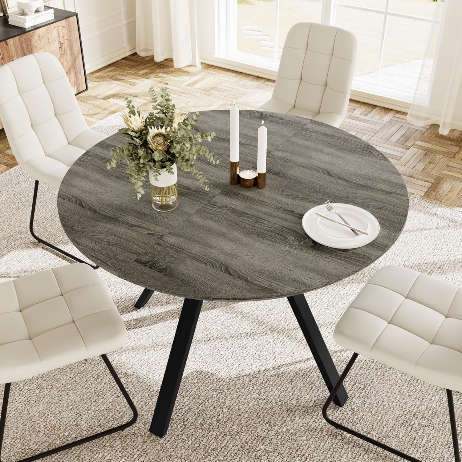 Extendable Round Dining Table Set with 4 Upholstered Chairs