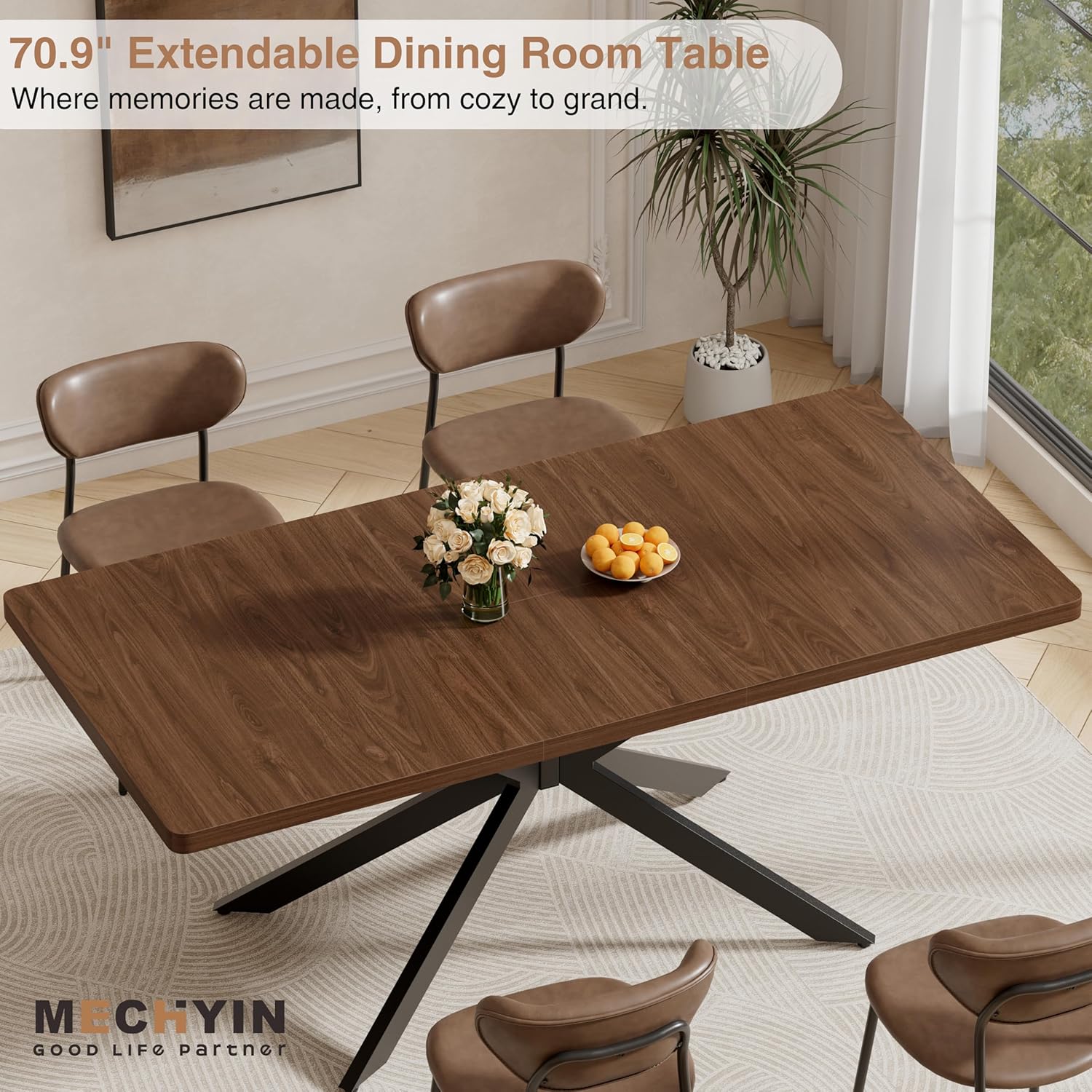Walnut Extendable Dining Table 55"-70.9", Butterfly Self-Storing Leaf for 4-8