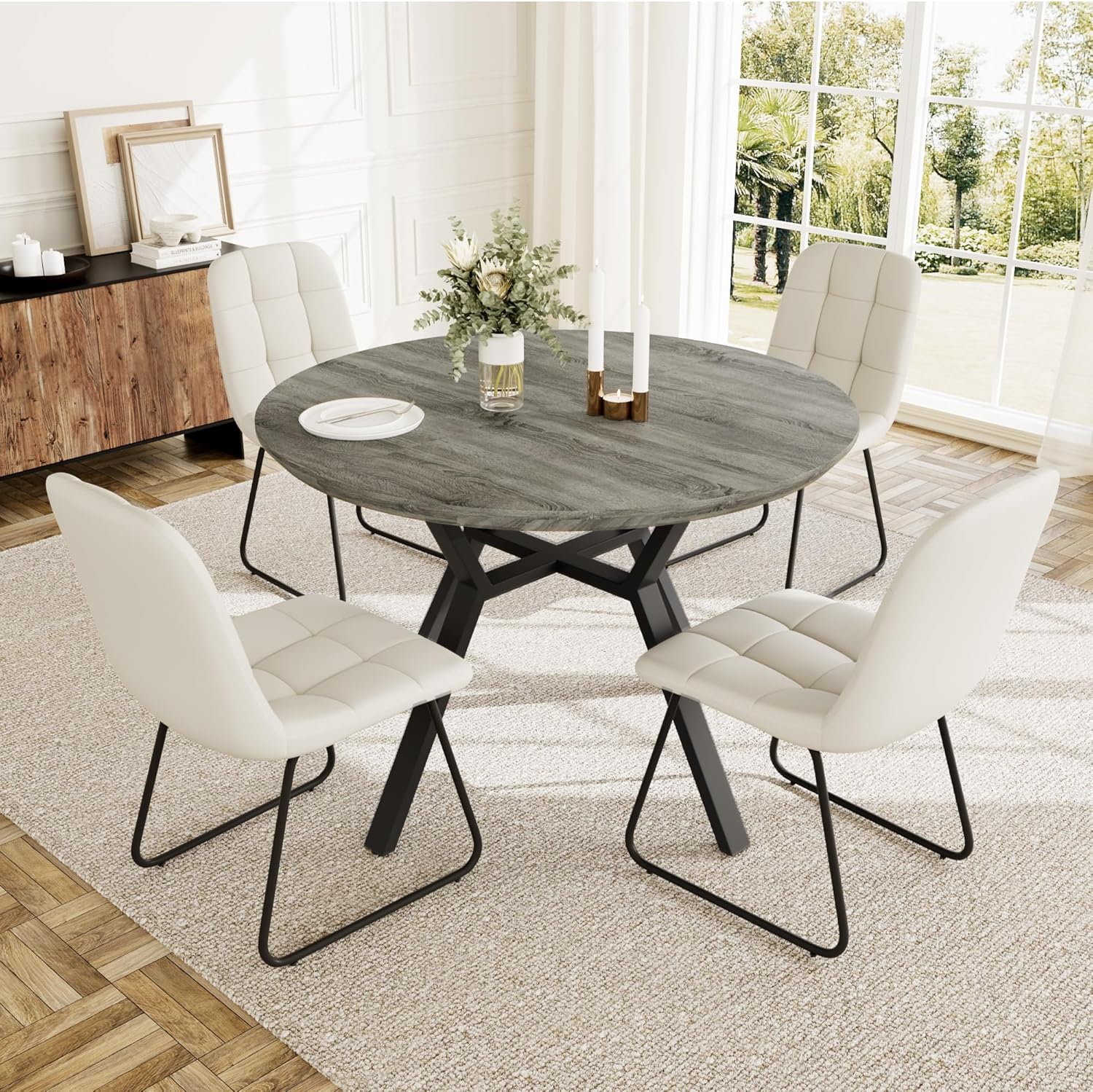 Extendable Round Dining Table Set with 4 Upholstered Chairs