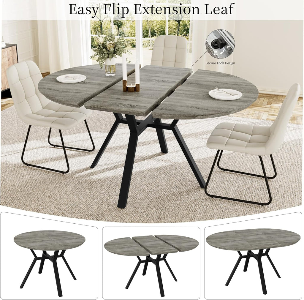 Extendable Round Dining Table Set with 4 Upholstered Chairs