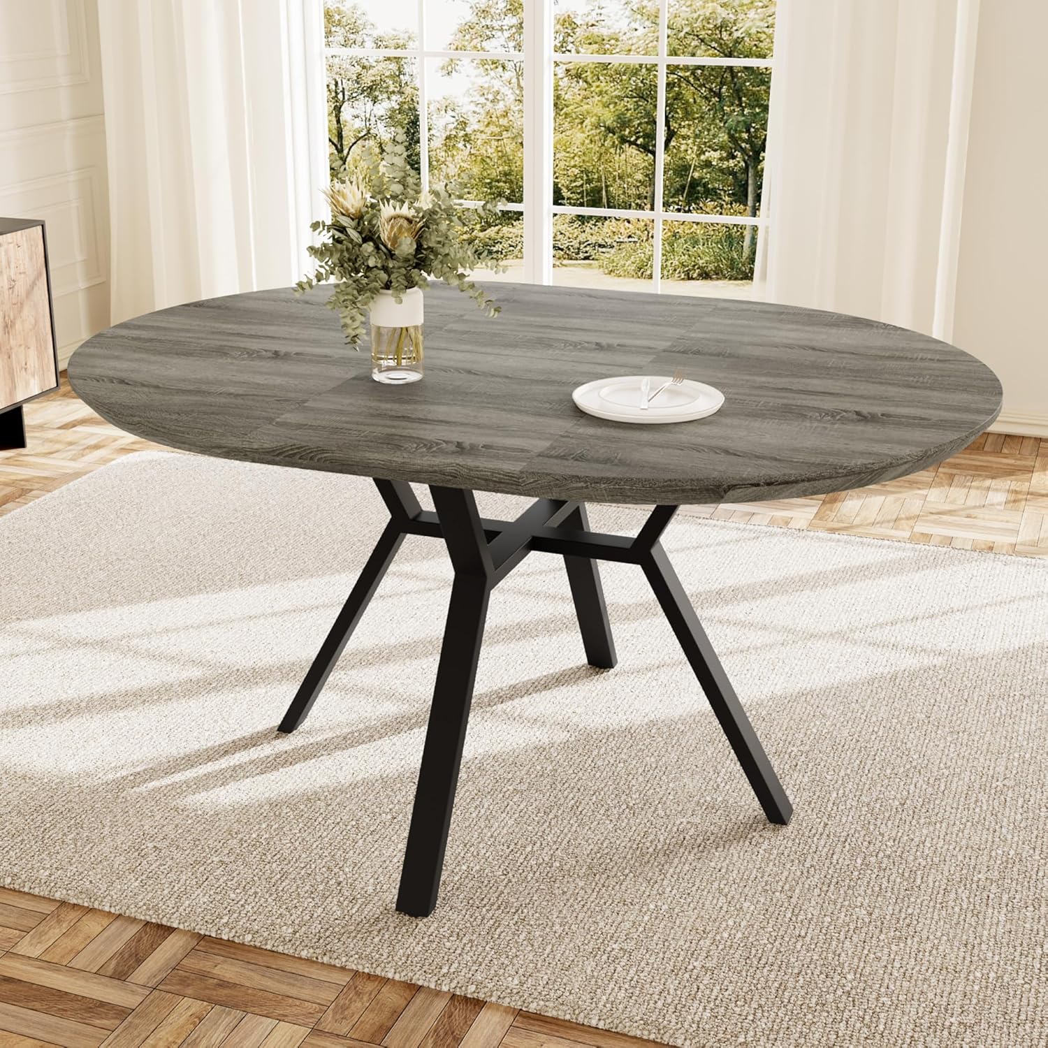 Extendable Round Dining Table Set with 4 Upholstered Chairs