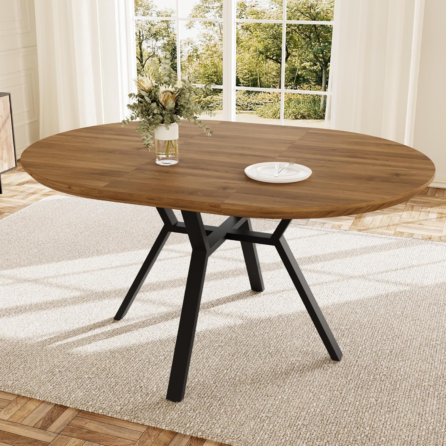 Extendable Round Dining Table Set with 4 Upholstered Chairs