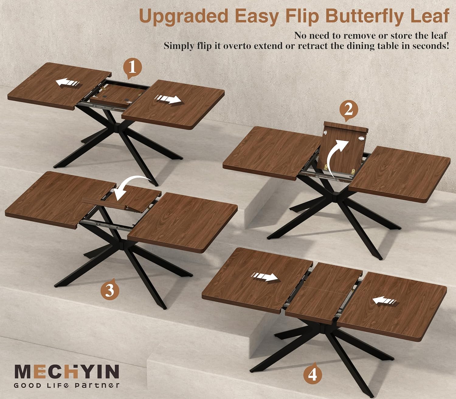 Walnut Extendable Dining Table 55"-70.9", Butterfly Self-Storing Leaf for 4-8