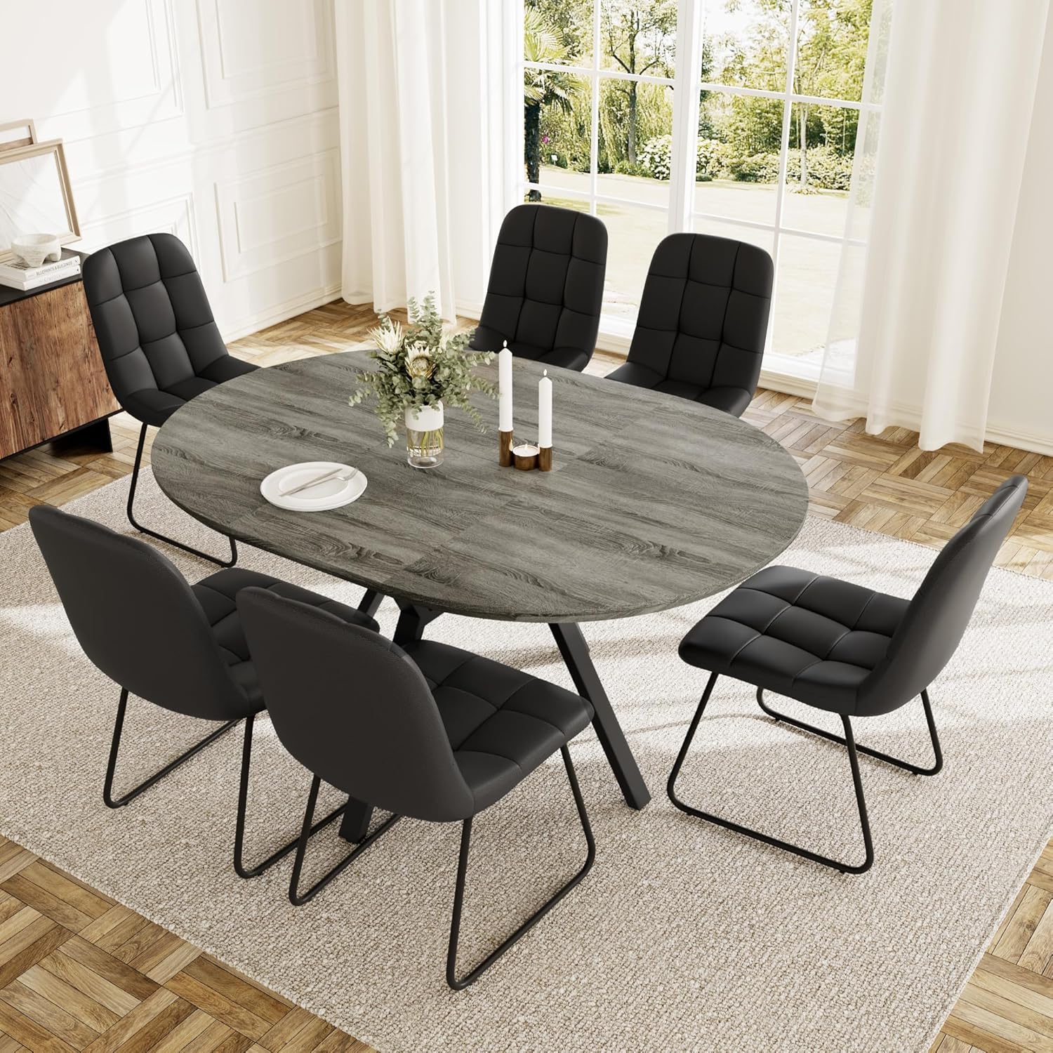 Extendable Round Dining Table Set with 4 Upholstered Chairs